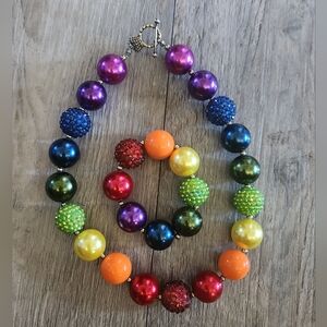 Kids Chunky Rainbow Bubblegum Bead Necklace and Braclet Set